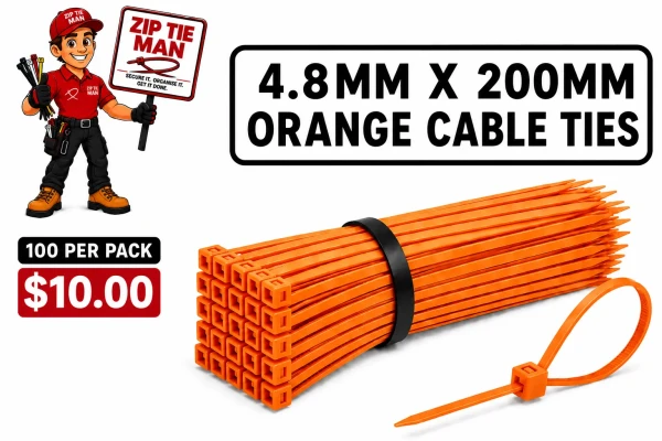 4.8mm x 200mm Orange Cable Ties 100pcs